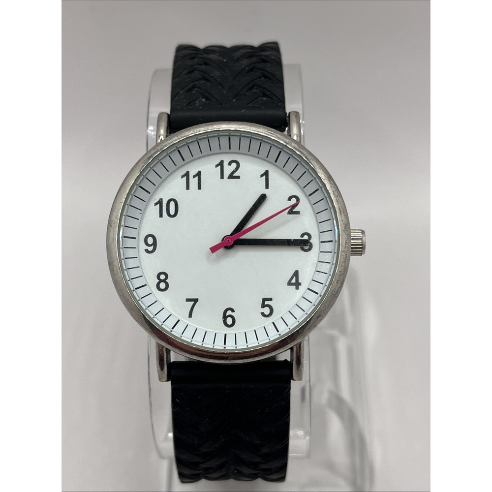 Women's Quartz Watch Black Textured Silicone Band Silver 36mm Case- New Battery
